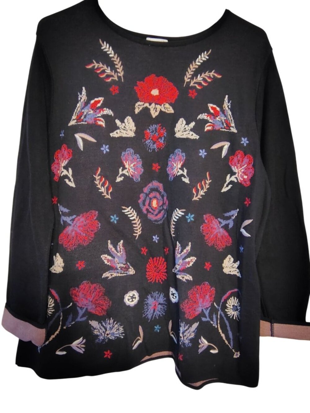 J. Jill Large Pullover Top, Embroidered Flower, Navy Blue Cotton, Long Sleeve